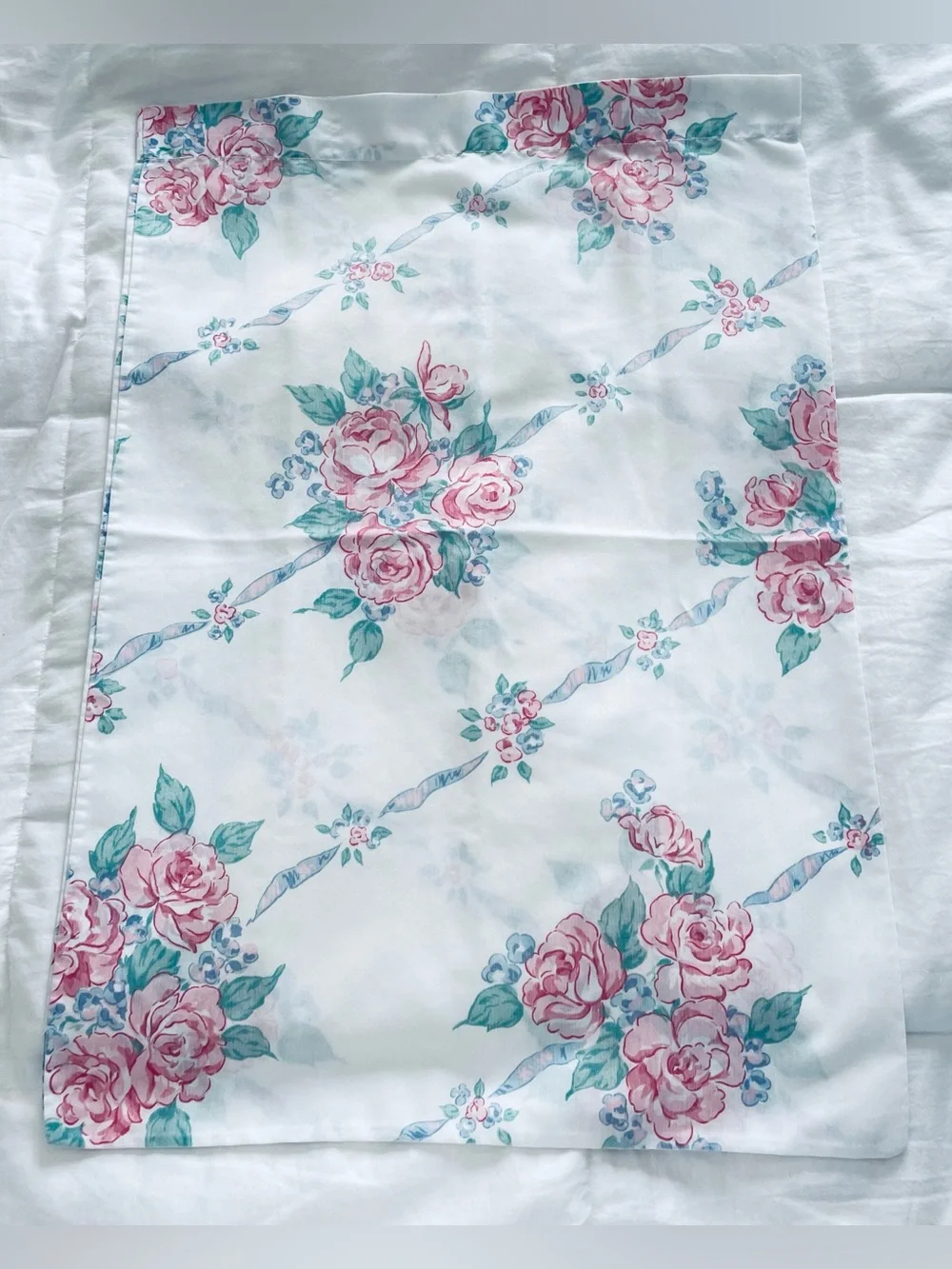 Vintage Pink Rose Ribbon Fitted Sheet w Pillowcase Cotton Blend Thomaston Queen